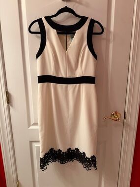 Nue by Shani Cream Midi Dress with Black Trim and Lace Hem